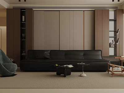 Modern Living Room Interior With Black Leather Sofa Coffee Table And Wooden Decorative Elements 3d model