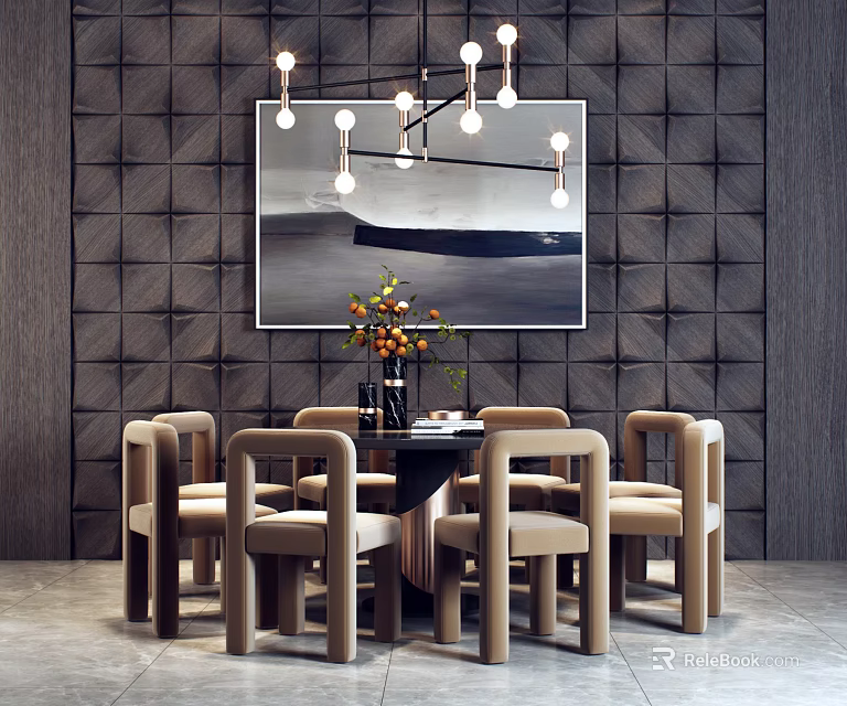 Modern Dining Table Set With Beige Chairs Textured Wall Artwork And Pendant Lights 3d model