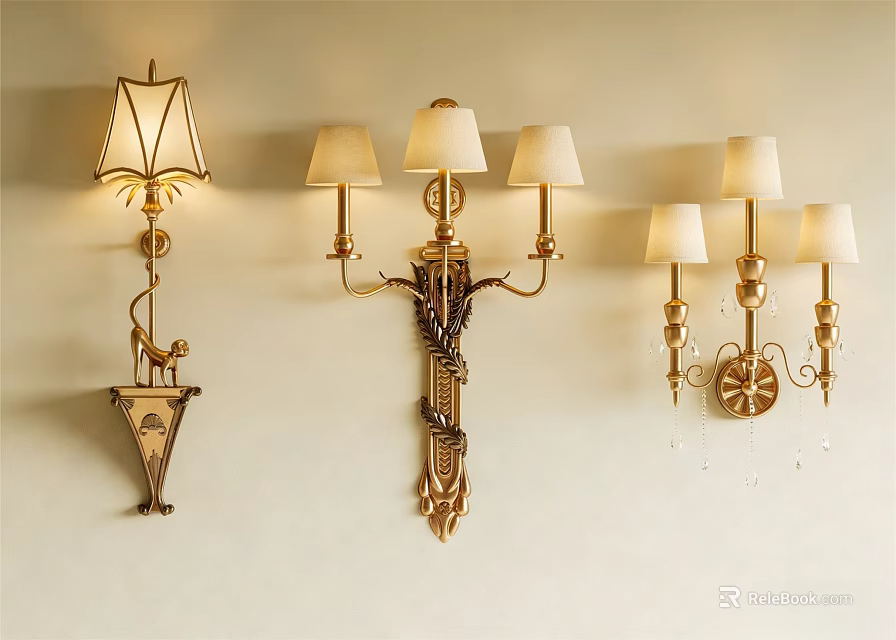 Vintage European Style Golden Metal Wall Lamps With Ornate Design And Lampshades 3d model 