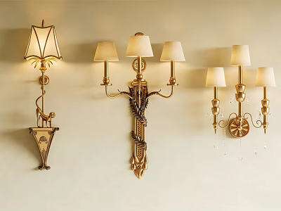 Vintage European Style Golden Metal Wall Lamps With Ornate Design And Lampshades 3d model