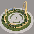 Curved Yellow Landscape Seats In Circular Green Lawn Area With People On Swings