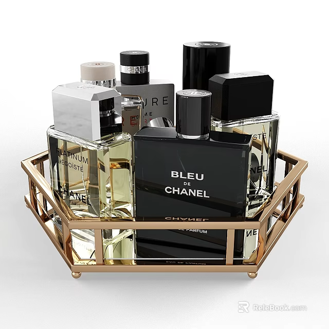 Luxury Perfume Bottles In Gold Tray Featuring Chanel Bleu And Other Brands 3d model 