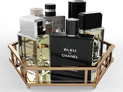 Luxury Perfume Bottles In Gold Tray Featuring Chanel Bleu And Other Brands 3d model