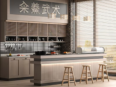Japanese Restaurant Open Kitchen With Wooden Bar Counter And Window Blinds 3d model