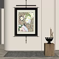 White Flowers Green Leaves Patterned Background Wall Art With Black Candle Holder On Wooden Base