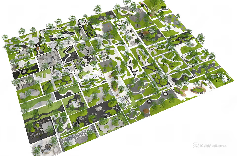 Top View Of Modern Community Landscape With Green Zones Paths And Trees 3d model 