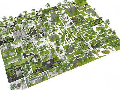 Top View Of Modern Community Landscape With Green Zones Paths And Trees 3d model