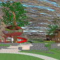 Natural Themed Children's Play Area with Tree Vine Canopy Red Slide and Treehouse Green Lawn