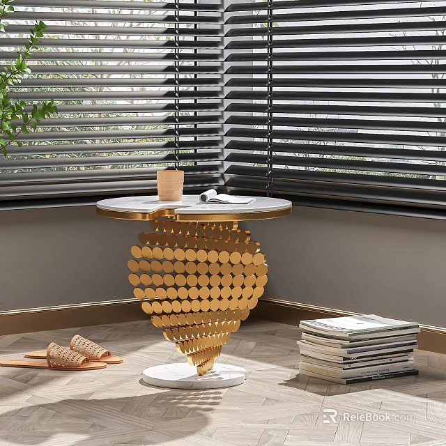Elegant Gold Side Table with Unique Circular Disc Base and Marble Round Top 3d model 