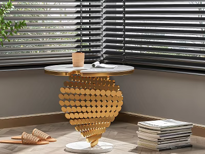 Elegant Gold Side Table with Unique Circular Disc Base and Marble Round Top 3d model
