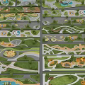 Various Park Landscape Layouts with Paths Green Areas Ponds and Scenic Features