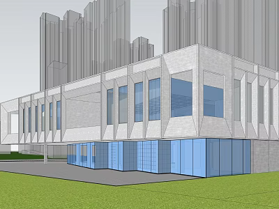 Modern Sales Office Building Exterior With Large Glass Windows Geometric Design And Green Lawn 3d model
