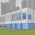 Modern Sales Office Building Exterior With Large Glass Windows Geometric Design And Green Lawn