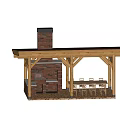 Rustic Wooden Gazebo With Brick Chimney Wooden Beams And Outdoor Dining Table And Chairs