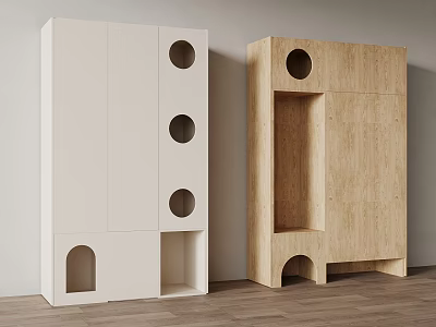 Modern Pet Cabinet With White And Wooden Design Featuring Circular And Arch Openings 3d model