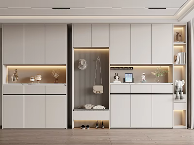 Modern Built in Shoe Cabinet Design With Decorative Items Hooks And Display Shelves 3d model