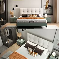 Modern Double Bed in Bedroom with Upholstered Headboard Pillows Orange Throw and Green Nightstands