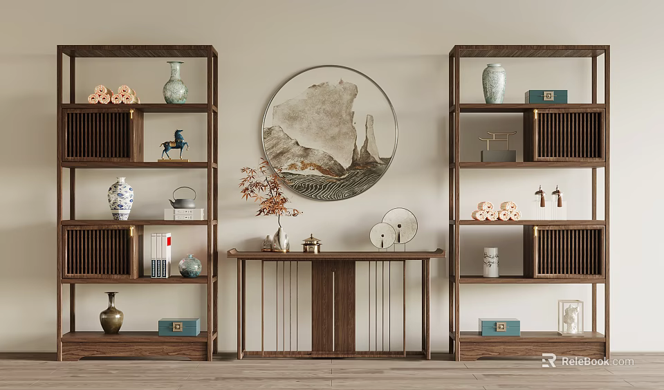 Antique Curio Shelves Interior With Vases Decorative Items Circular Landscape Painting And Wooden Console Table 3d model 