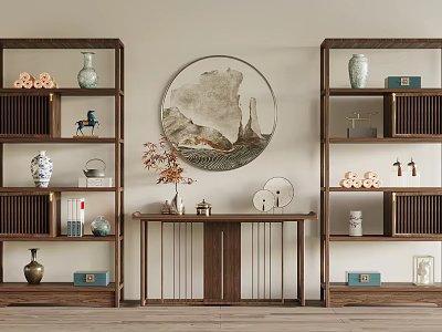 Antique Curio Shelves Interior With Vases Decorative Items Circular Landscape Painting And Wooden Console Table 3d model