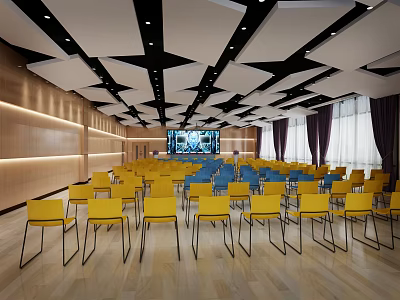 Modern Conference Room With Geometric Ceiling Design Yellow Blue Chairs And Large Screen 3d model