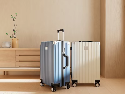 Stylish Blue And White Luggage In Cozy Room 3d model