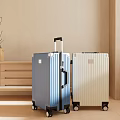 Stylish Blue And White Luggage In Cozy Room