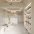 Elegant Modern Beauty Hair Salon Interior With Stylish Chandeliers Reception Desk Product Shelves And Green Plants