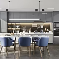 Modern Dining Table Set With Marble Countertop Blue Chairs And Kitchen Cabinets 3d model