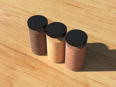 Three Brown And Beige Spice Jars With Black Lids On Wooden Tabletop 3d model
