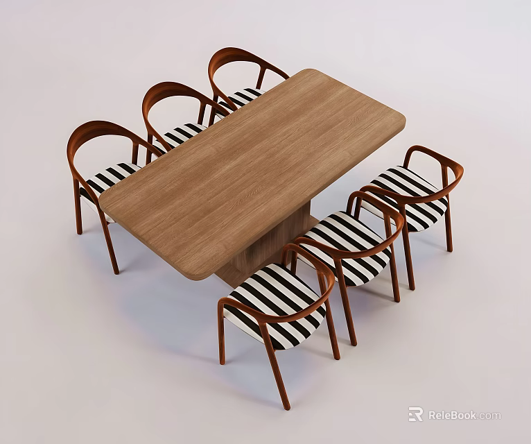 Wooden Rectangular Dining Table Set with Arched Back Chairs and Striped Seats 3d model 