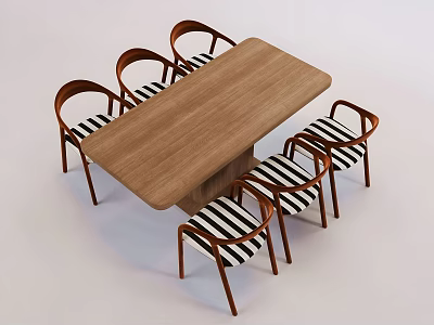 Wooden Rectangular Dining Table Set with Arched Back Chairs and Striped Seats 3d model