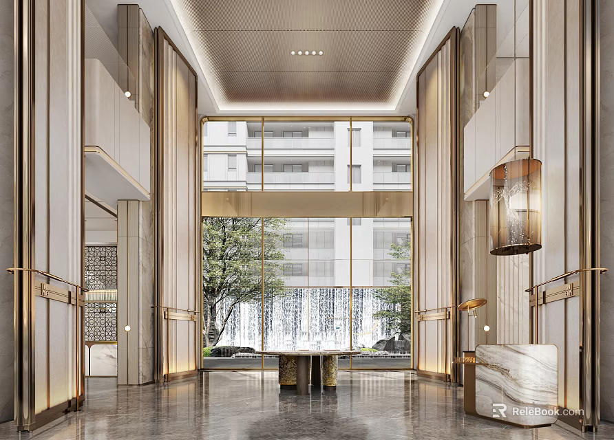 Elegant Hotel Lobby Interior With Marble Floors Large Windows And Decorative Lanterns 3d model