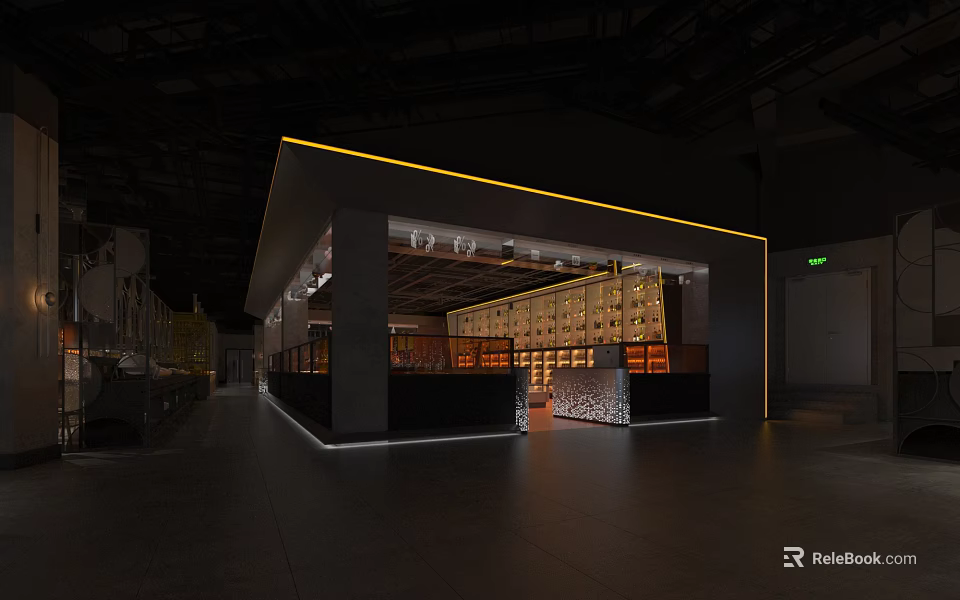 Modern Restaurant Interior With Unique Wall Display And Warm Ambient Lighting Design 3d model 