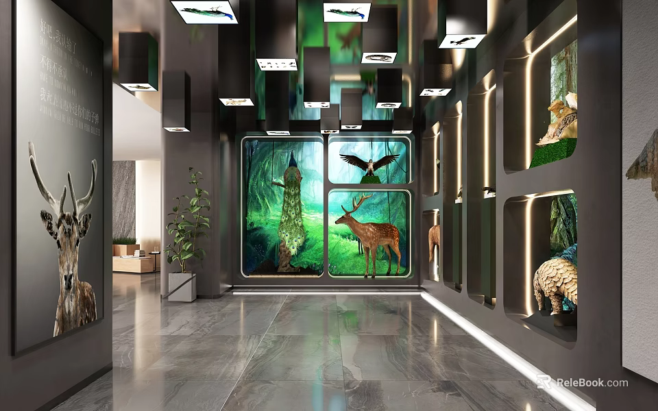 Natural Themed Exhibition Hall With Animal Displays Green Backgrounds And Lighting 3d model 