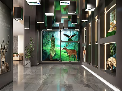 Natural Themed Exhibition Hall With Animal Displays Green Backgrounds And Lighting 3d model