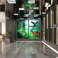 Natural Themed Exhibition Hall With Animal Displays Green Backgrounds And Lighting