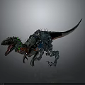 Biomechanical Dinosaur Character With Spiked Back Green Blue Cybernetic Parts And Open Mouth