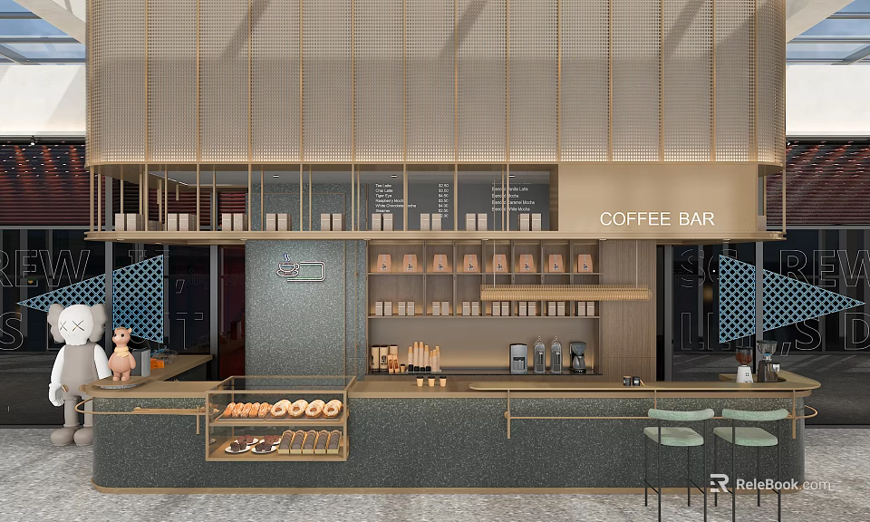 Modern Elegant Coffee Shop Interior With Bar Counter Coffee Beans And Green Stools 3d model 