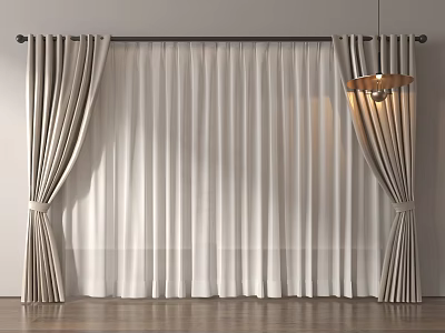 Beige And White Window Curtains With Tieback Design And Sheer Fabric 3d model