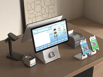 Modern Cashier Counter With Touchscreen Monitor Barcode Scanner Receipt Printer And QR Code Payment Stands 3d model