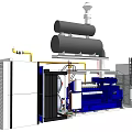 Industrial Equipment Setup With Blue Generator Gray Storage Tanks Exhaust Stack And Piping System