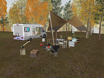 Campsite with RV Canopy Tent Autumn Trees Folding Chairs and Firewood Setup 3d model