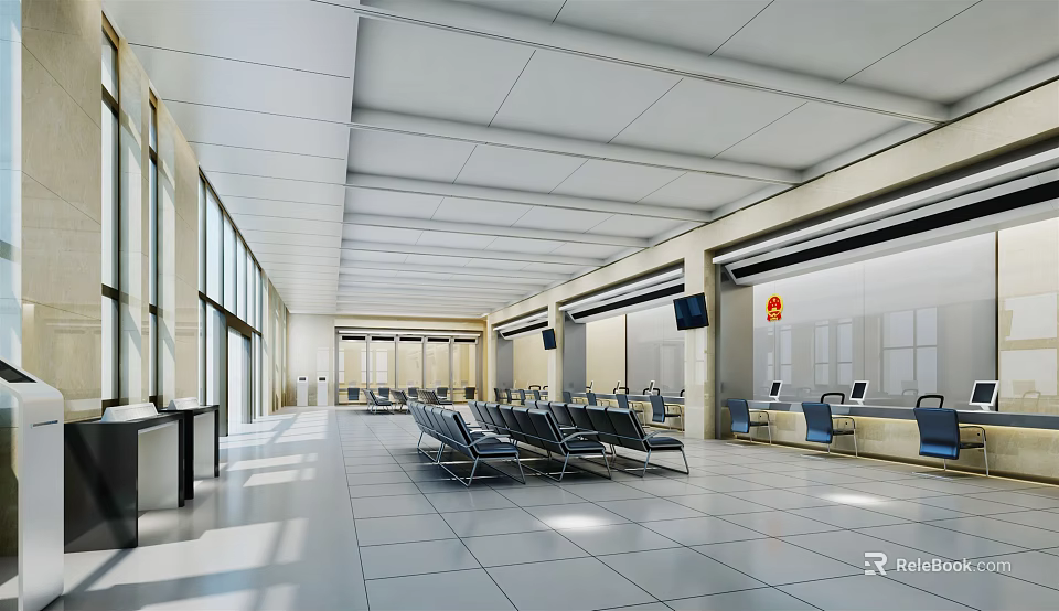 Modern Spacious Service Hall Interior With Bright Waiting Area Seats Natural Light And Service Counters 3d model 