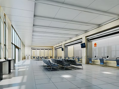 Modern Spacious Service Hall Interior With Bright Waiting Area Seats Natural Light And Service Counters 3d model