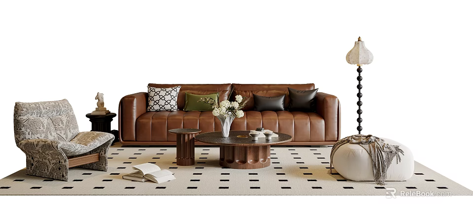 Brown Leather Sofa With Cushions And Wooden Coffee Table With White Flowers On Checkered Rug 3d model 