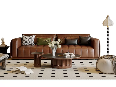 Brown Leather Sofa With Cushions And Wooden Coffee Table With White Flowers On Checkered Rug 3d model