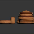 Brown Pottery Jars Plates With Lids Stacked Arranged On Black Background 3d model
