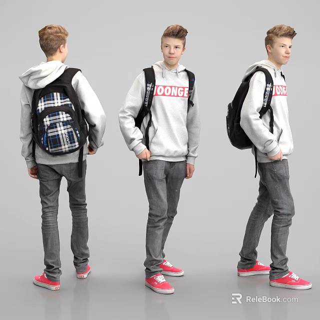 Man In Gray Hoodie With Red DONGS Print Gray Jeans Carrying Black Backpack Red Sneakers 3d model 