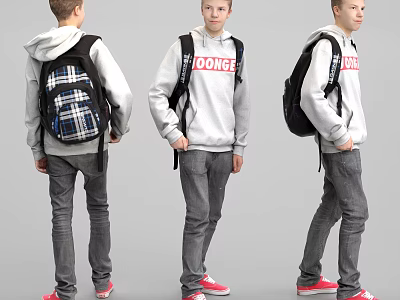 Man In Gray Hoodie With Red DONGS Print Gray Jeans Carrying Black Backpack Red Sneakers 3d model