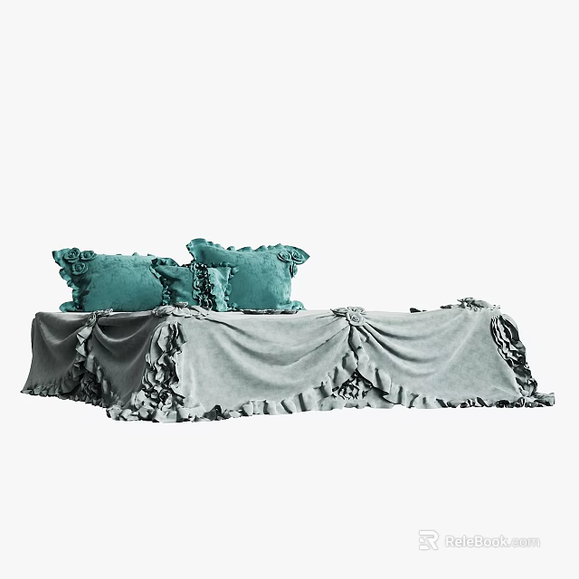 Stylish Double Bed With Ruffled Gray Bedspread And Green Pillows 3d model